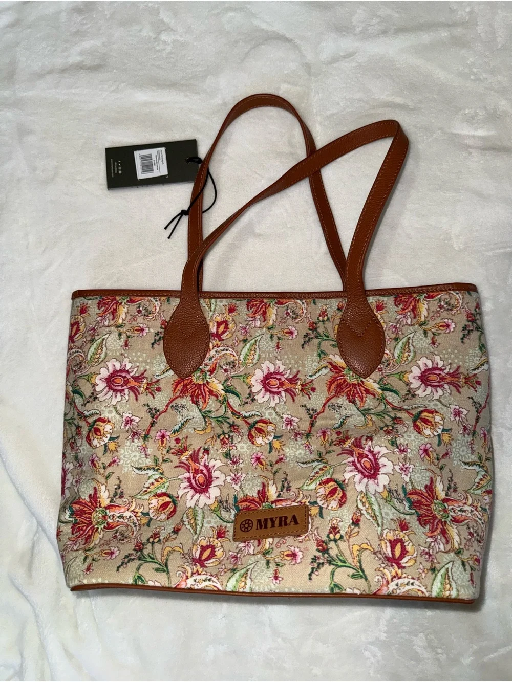 Myra Bag Beige Floral Canvas Tote with Brown Trim